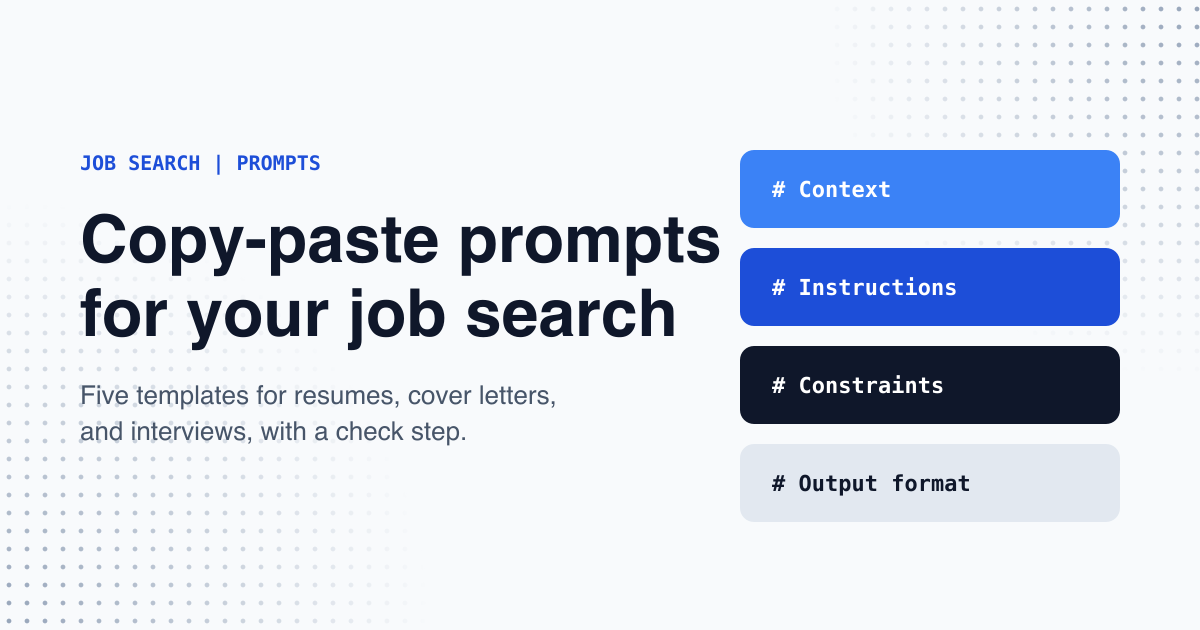 Stacked prompt sections labelled Context, Instructions, Constraints and Output format, beside the title Copy-paste prompt templates for your job search, framed by halftone dots